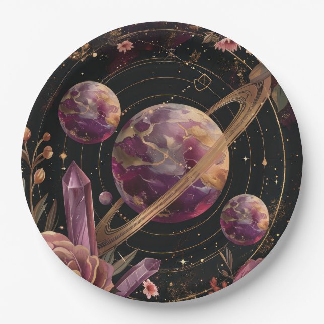 Cosmic Crystal Ringed Planet Fantasy Art Paper Plate (Front)