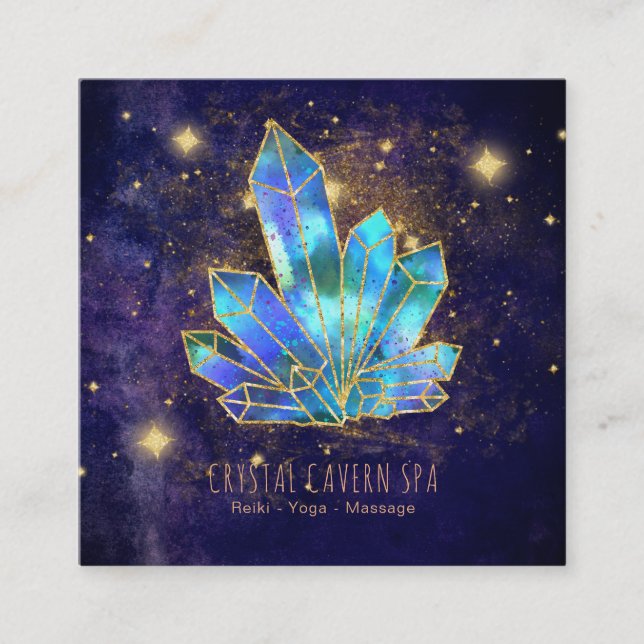 *~* Cosmic Crystals Gold Glitter Stars Blue Square Business Card (Front)