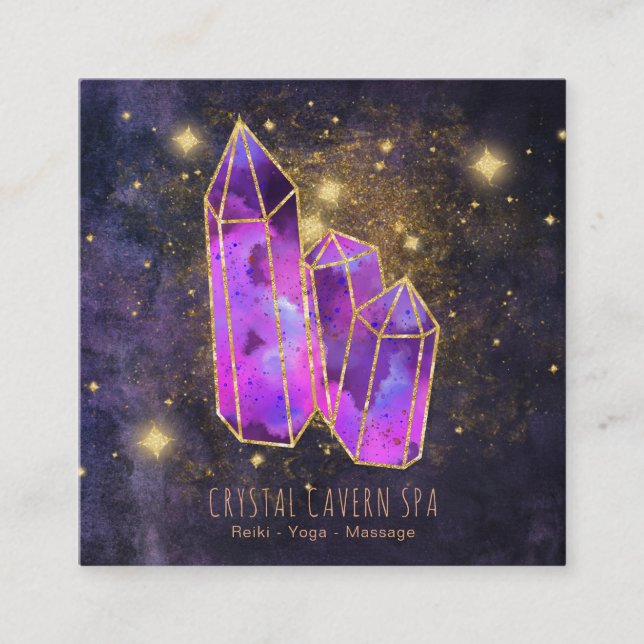 *~* Cosmic Crystals Gold Glitter Stars & Star Dust Square Business Card (Front)