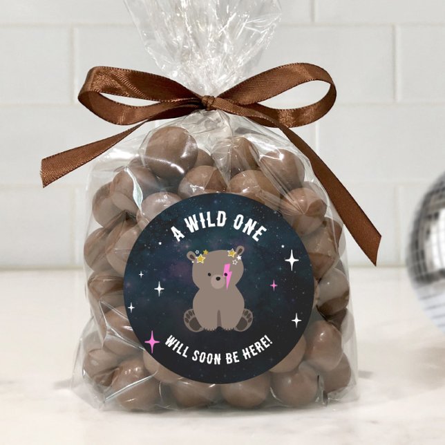 Cosmic Cub Sleepy Wild One Pink Girl Baby Shower Classic Round Sticker (Creator Uploaded)