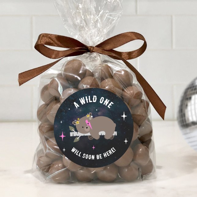 Cosmic Cub Sleepy Wild One Pink Girl Baby Shower Classic Round Sticker (Creator Uploaded)