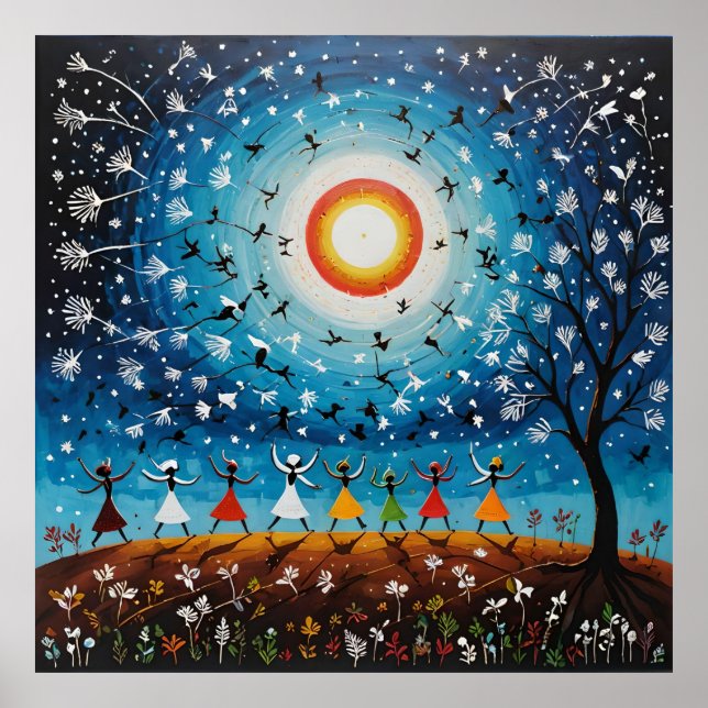 Cosmic Dance - Surreal Warli Landscape Poster (Front)