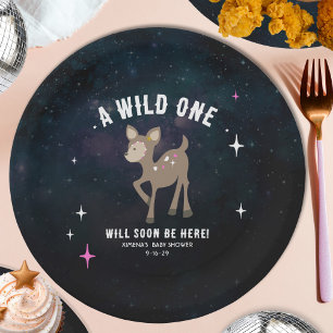 Cosmic Deer Wild One Pink Girl Baby Shower Paper Plate