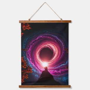 "Cosmic Descent — Man Staring Into a Neon Galactic Hanging Tapestry