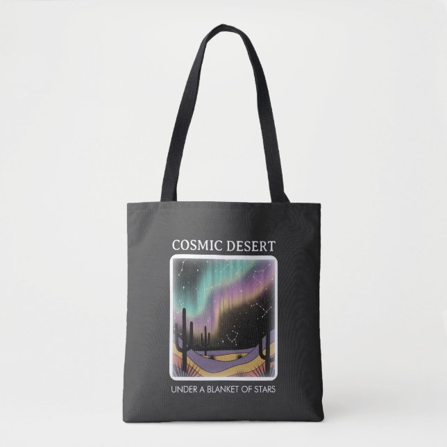 Cosmic Desert Aurora • Retro Western Night Sky Tote Bag (Front)