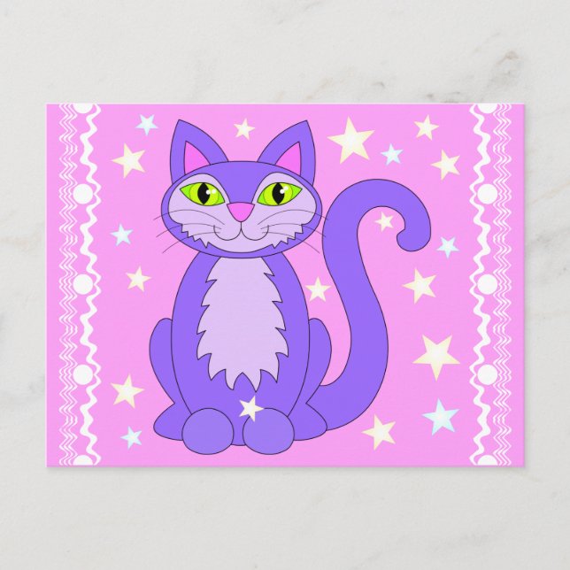 Cosmic Design Cat Stars Cartoon Art Postcard Pink (Front)