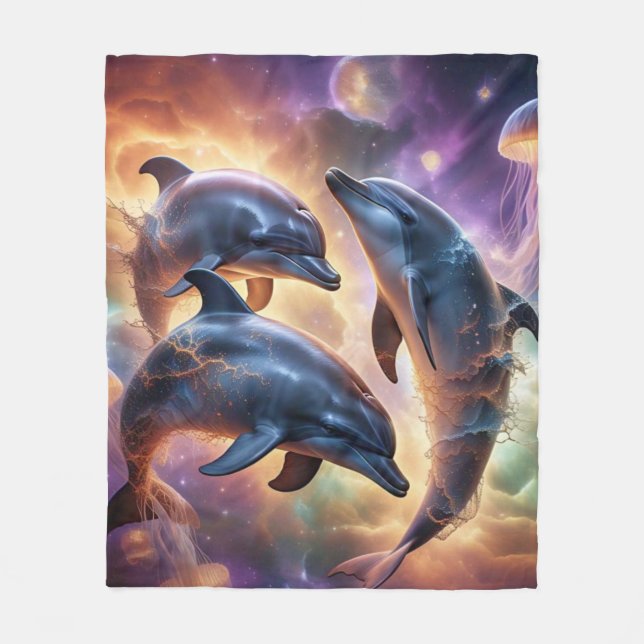 Cosmic Dolphins and Jellyfish in Space  Fleece Blanket (Front)