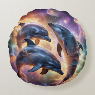 Cosmic Dolphins and Jellyfish in Space Round Cushion