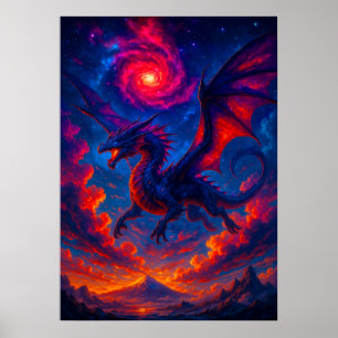 Cosmic Dragon Flying Through Fiery Sky Fantasy  Poster