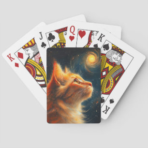 Cosmic Dreamer Ginger Cat Stargazing Playing Cards