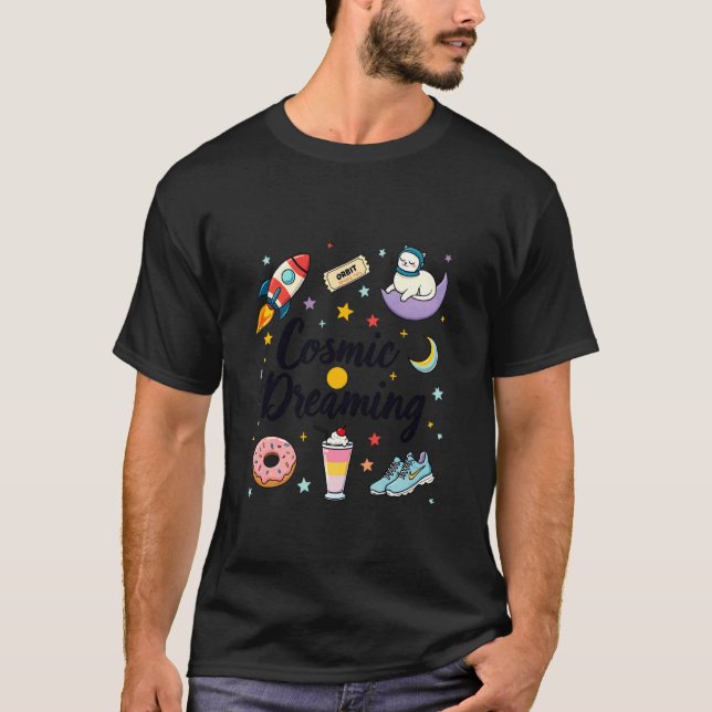 Cosmic Dreaming Space Cat Moon Rocket Stars Orbit T-Shirt (Front)