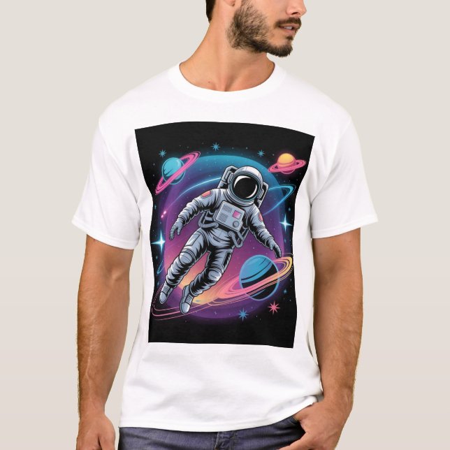 Cosmic Drift - Astronaut in Neon Galaxy T-Shirt (Front)