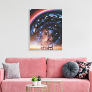 Cosmic Ferris Wheel Under a Neon Galaxy Canvas Print