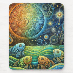 Cosmic Fish and Celestial Sun Vibrant Ocean Waves Mouse Mat