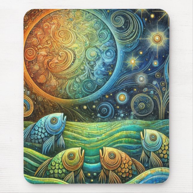 Cosmic Fish and Celestial Sun Vibrant Ocean Waves Mouse Mat (Front)