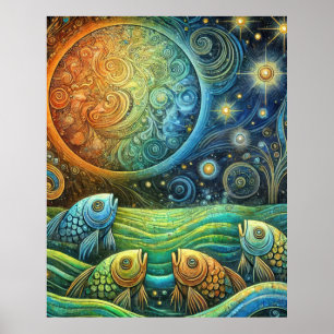 Cosmic Fish and Celestial Sun Vibrant Ocean Waves Poster