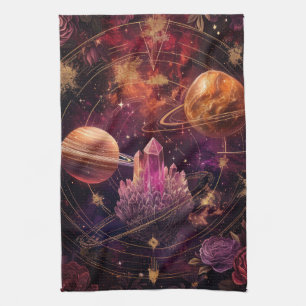 Cosmic Floral Planet Purple Nebula Space Tea Towel