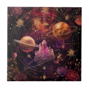 Cosmic Floral Planet Purple Nebula Space Tile