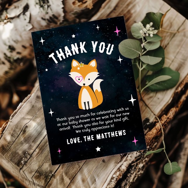 Cosmic Fox Wild One Pink Girl Baby Shower  Thank You Card (Creator Uploaded)