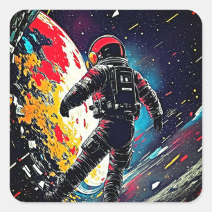 Cosmic Fragmentation: Lino Cut Astronaut Square Sticker