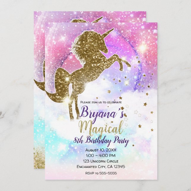 Cosmic Galaxy Gold Glitter Unicorn Magical Party Invitation (Front/Back)
