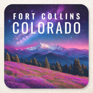 Cosmic Galaxy Mountain Landscape Neon Psychedelic Square Paper Coaster