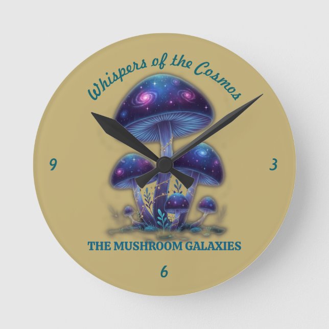 Cosmic Galaxy Mushrooms - Whimsical Fantasy Fungi Round Clock (Front)