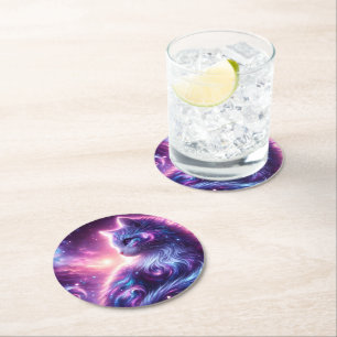 Cosmic Galaxy Mystical Feline Celestial Round Paper Coaster