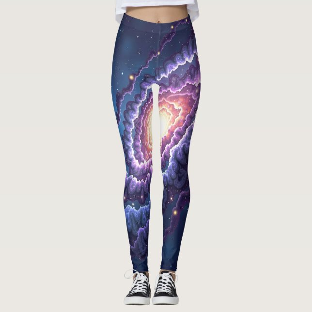 Cosmic galaxy print with swirling purples and blue leggings (Front)