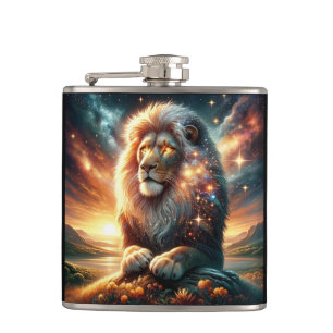 Cosmic Galaxy Space Lion Leo Strength Astrology Hip Flask