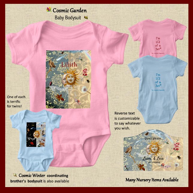  Cosmic Garden Baby Bodysuit (Sweet Brother & Sister 1-piece suits, sold separately, are fully customizable, on both front & back.)