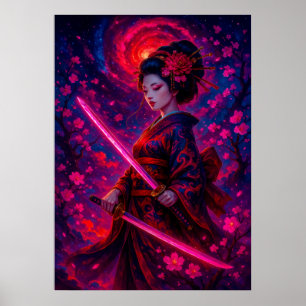 Cosmic Geisha Samurai with Glowing Swords Fantasy  Poster