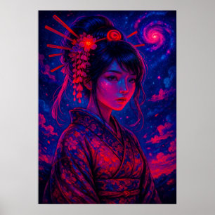 Cosmic Geisha with Galaxy Sky Fantasy Japanese Poster