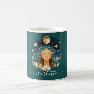 Cosmic Girl Boho Moon & Daisy Illustration Custom Coffee Mug