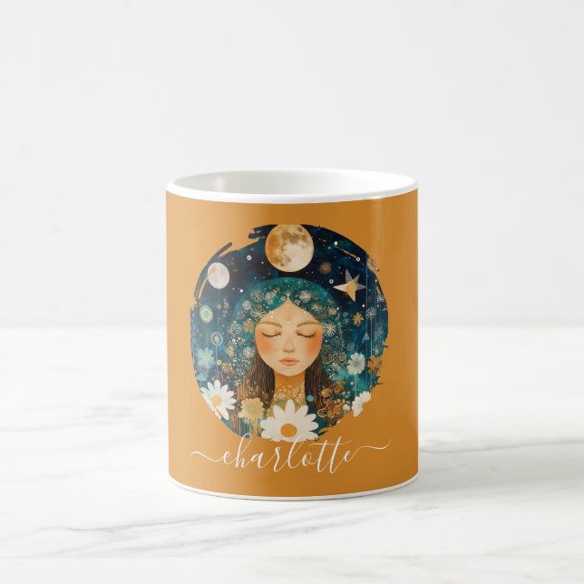 Cosmic Girl Boho Moon & Daisy Illustration Custom Coffee Mug (Center)