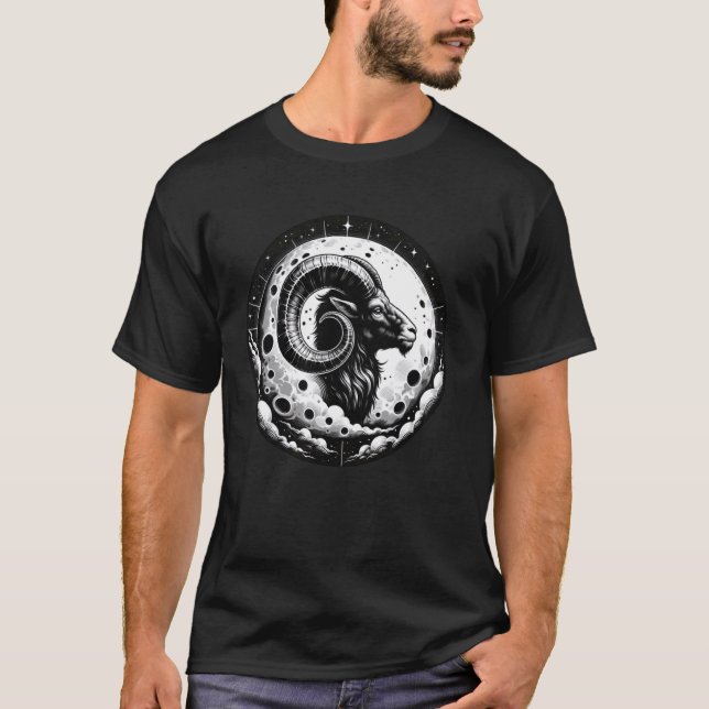 Cosmic Goat With Large Horns, Moon And Stars Aries T-Shirt (Front)