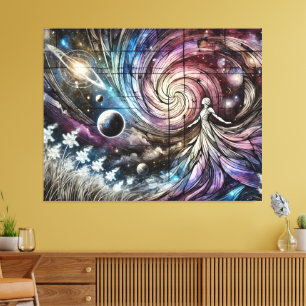 Cosmic Goddess with Swirling Galaxy and Planets Canvas Print