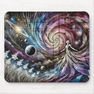 Cosmic Goddess with Swirling Galaxy and Planets Mouse Mat