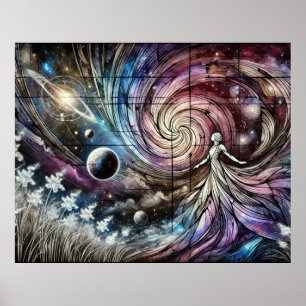 Cosmic Goddess with Swirling Galaxy and Planets Poster
