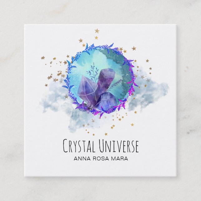 *~* Cosmic Gold Stars Crystal Gemstone Universe Square Business Card (Front)