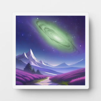Cosmic Green Galaxy Over Purple Mountain Landscape Plaque