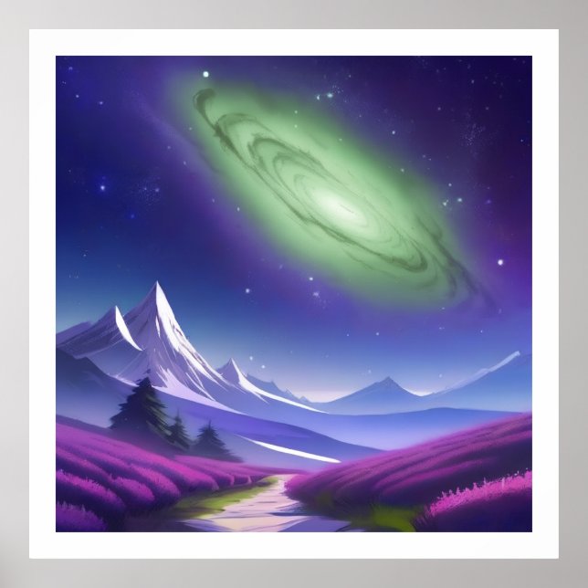 Cosmic Green Galaxy Over Purple Mountain Landscape Poster (Front)