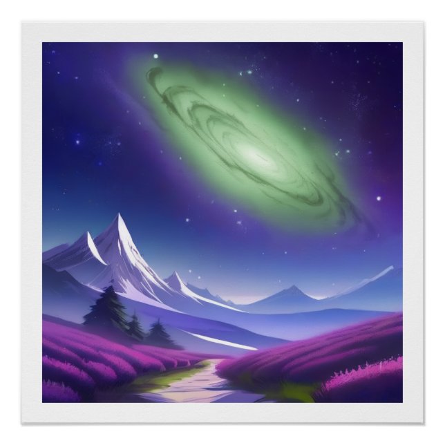 Cosmic Green Galaxy Over Purple Mountain Landscape Poster (Front)