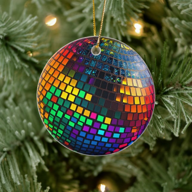 Cosmic Groove: Lino Cut Disco Ball  Ceramic Tree Decoration (Tree)