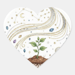 Cosmic Growth Nature Plant with Roots and Stars Heart Sticker