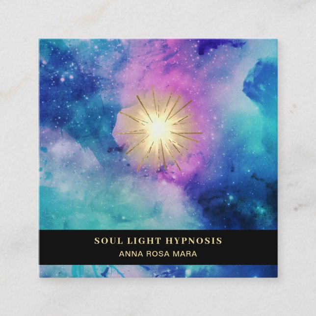 *~* Cosmic Healing Universe Stars Energy Sun Burst Square Business Card (Front)