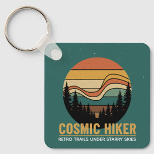 Cosmic Hiker Retro 70s Sunset Space Forest Stars Key Ring