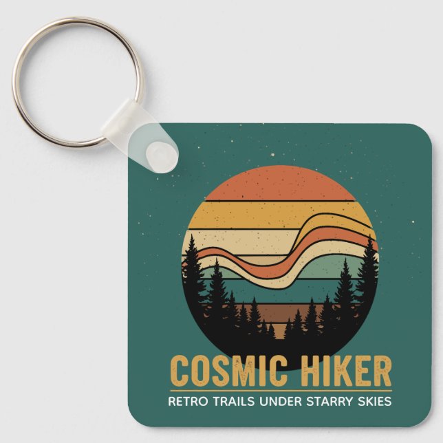 Cosmic Hiker Retro 70s Sunset Space Forest Stars Key Ring (Front)
