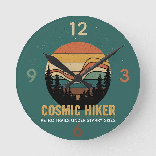 Cosmic Hiker Retro 70s Sunset Space Forest Stars Round Clock (Front)