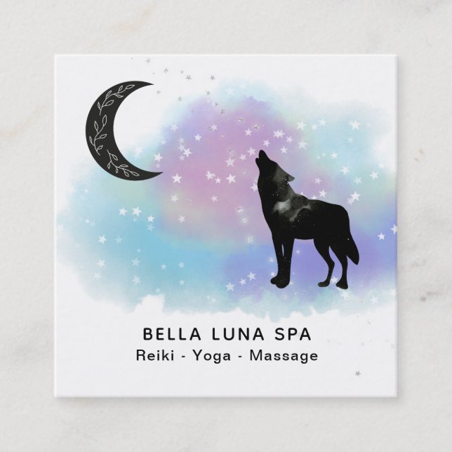 *~ Cosmic . Howling Wolf Rainbow Shaman Moon Square Business Card (Front)